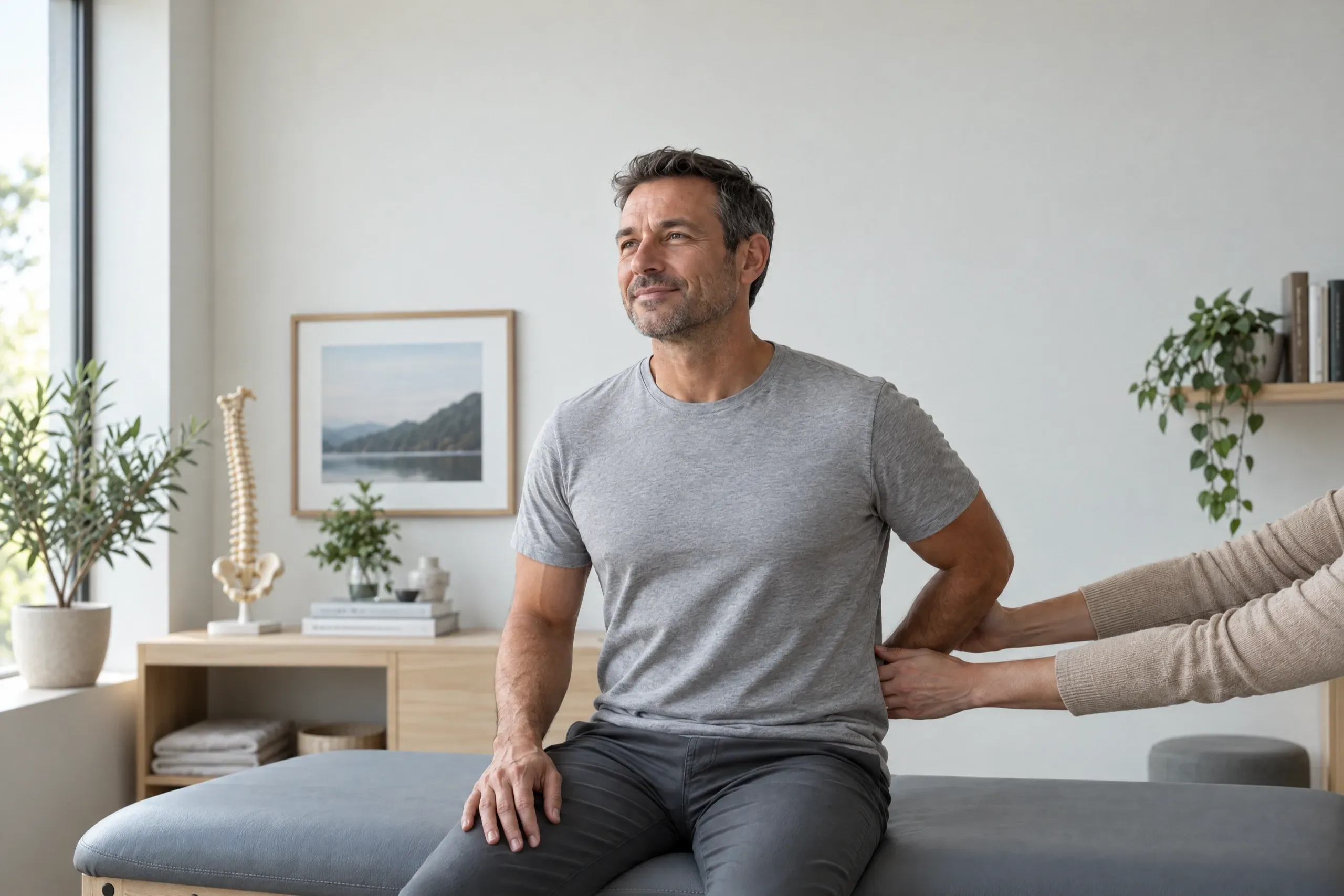 Adult resting a hand on the lower back during a back pain evaluation at a Camarillo, California spine clinic