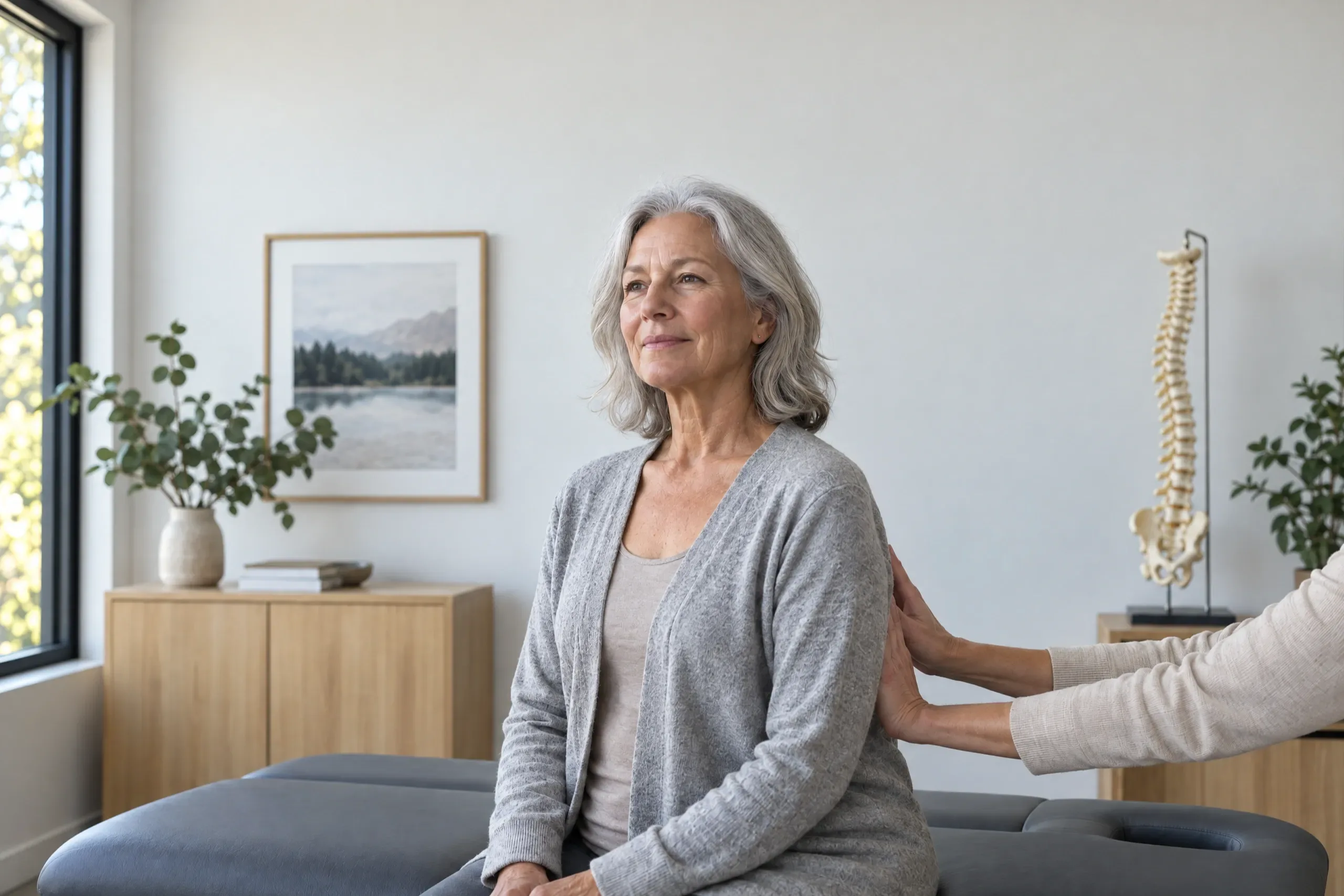 Adult easing lower back stiffness during a spine evaluation at Camarillo Spine and Nerve Institute
