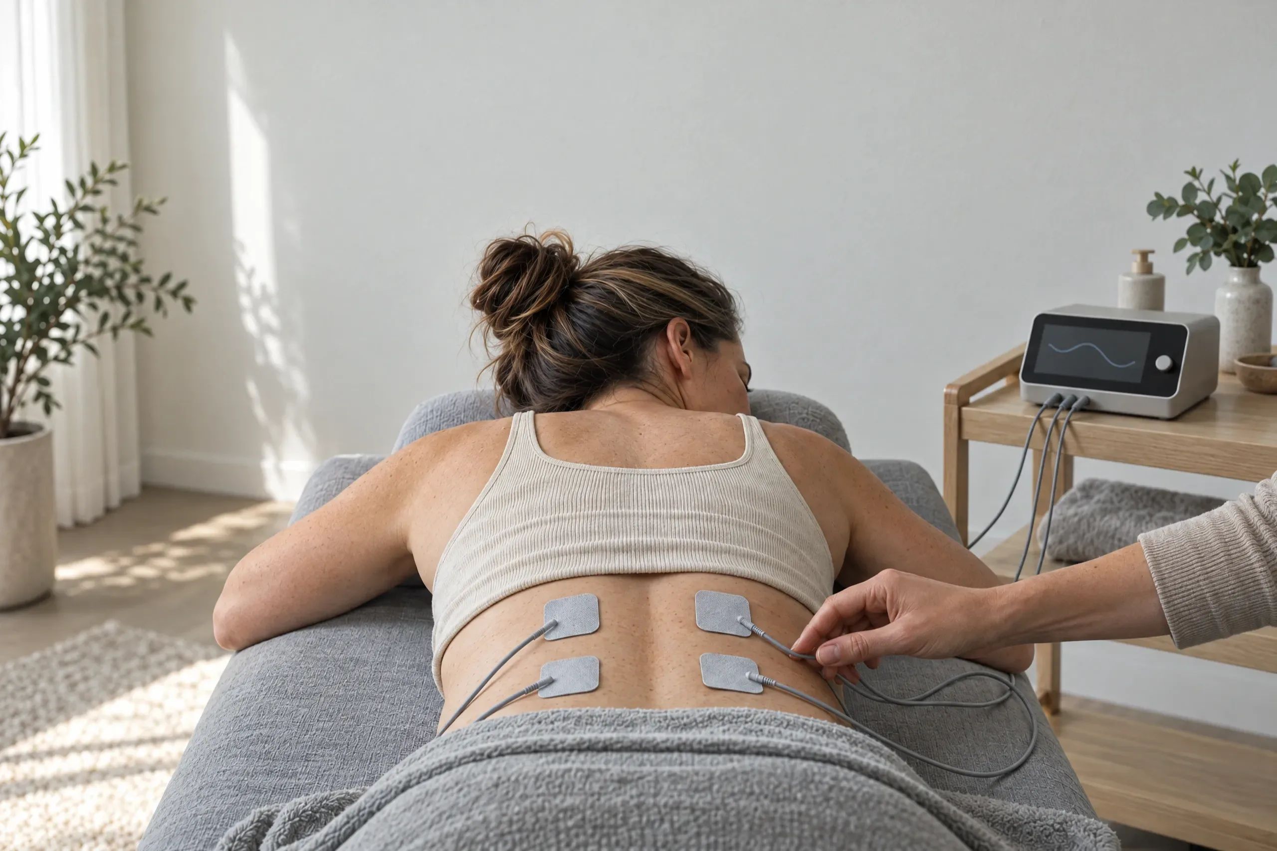 Electrotherapy pads placed on a patient's lower back at a spine and nerve clinic in Camarillo, California