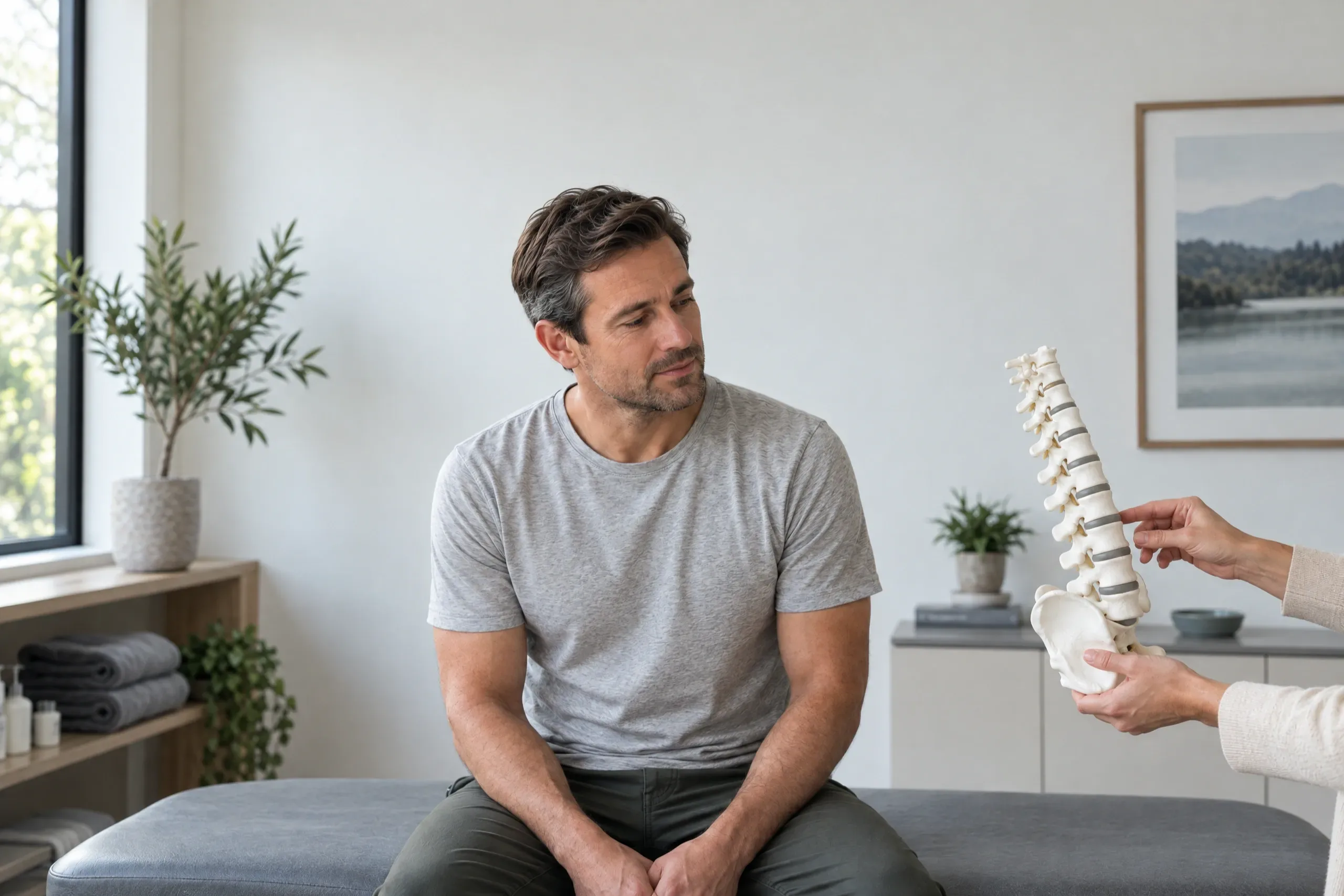 Adult easing lower back pain from a herniated disc at a non-surgical spine clinic in Camarillo, CA