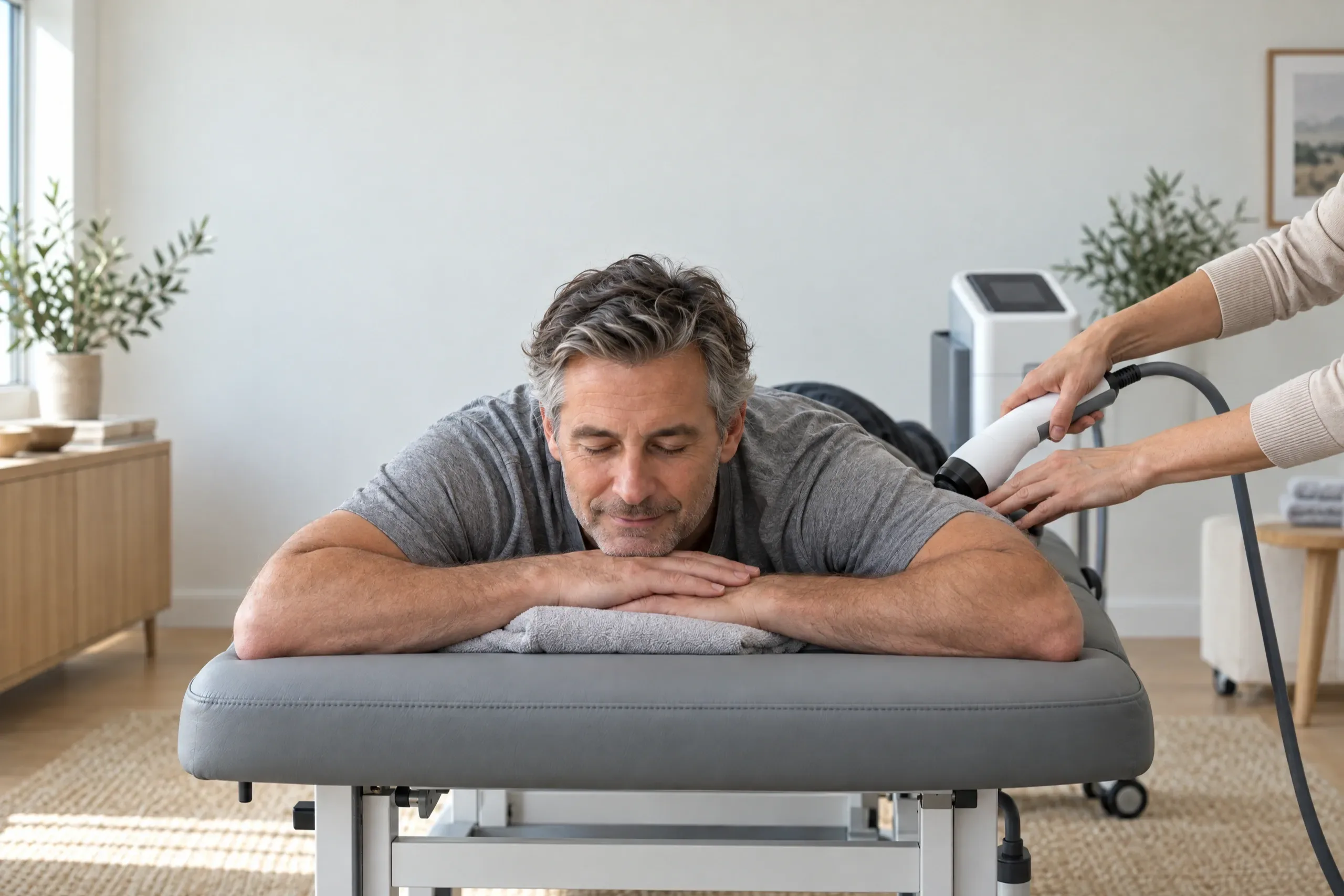 Patient receiving deep-heat Emvital infrared laser therapy for lower back pain at a Camarillo, CA spine clinic