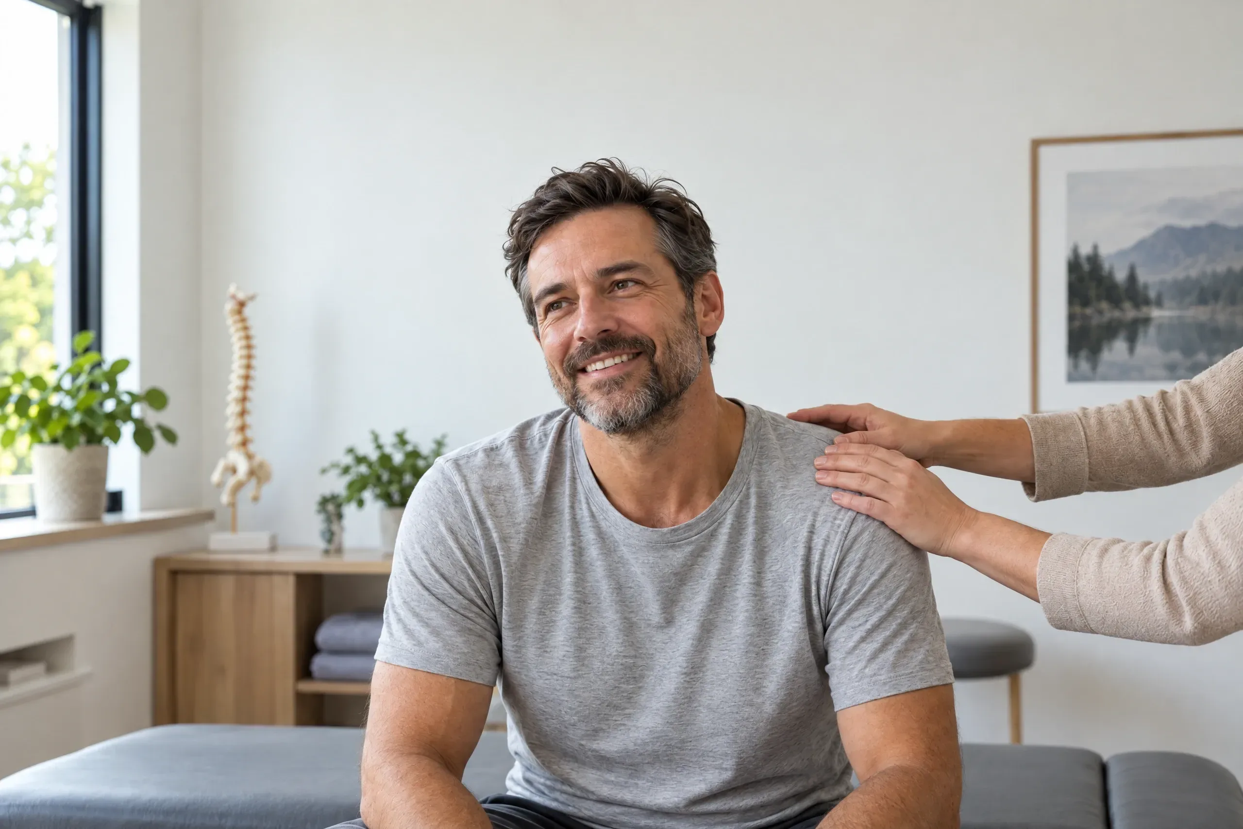 Adult rubbing a sore shoulder before non-surgical muscle and joint pain care at a Camarillo, CA clinic