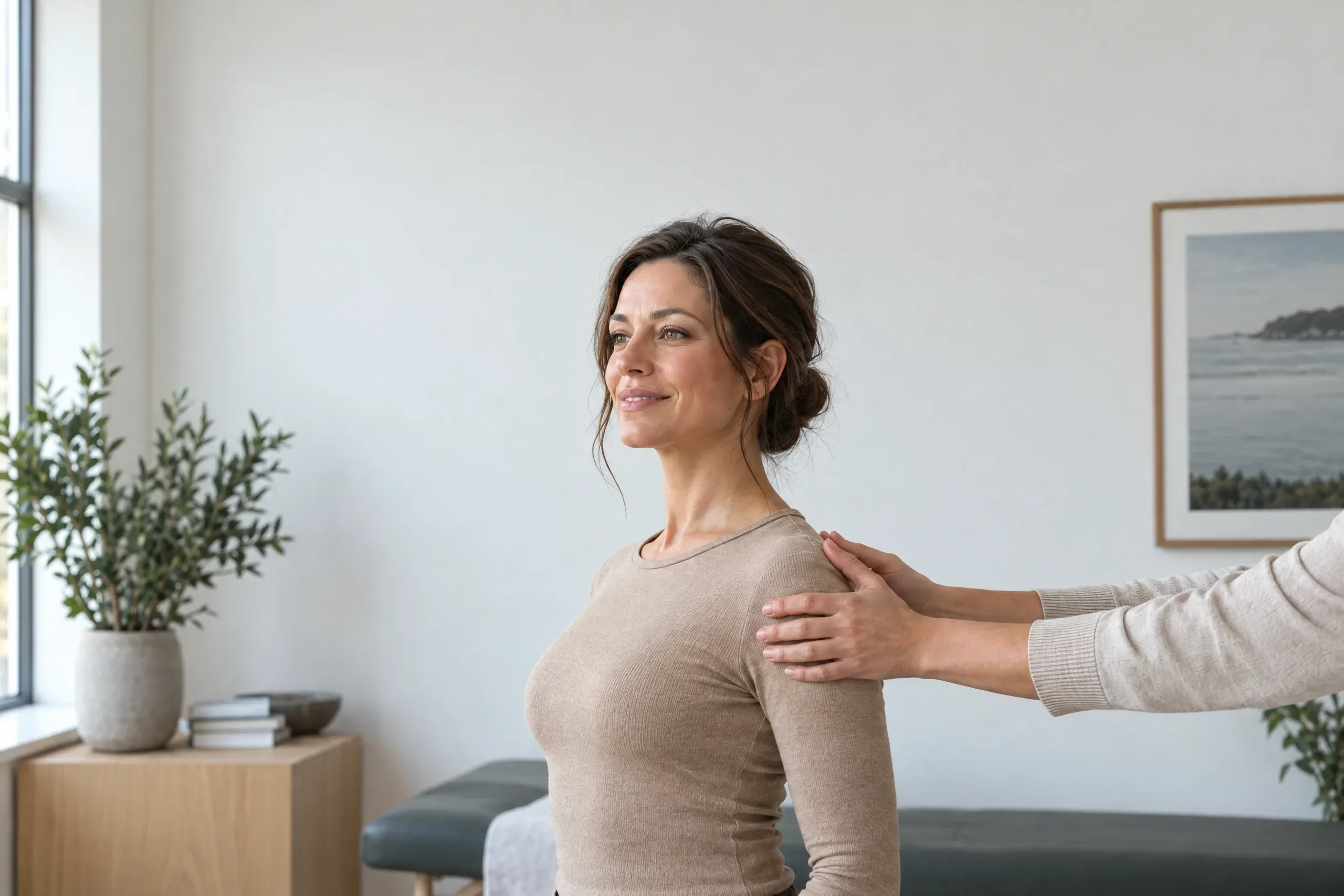 Adult patient having spinal alignment and shoulder position assessed at Camarillo Spine & Nerve Institute