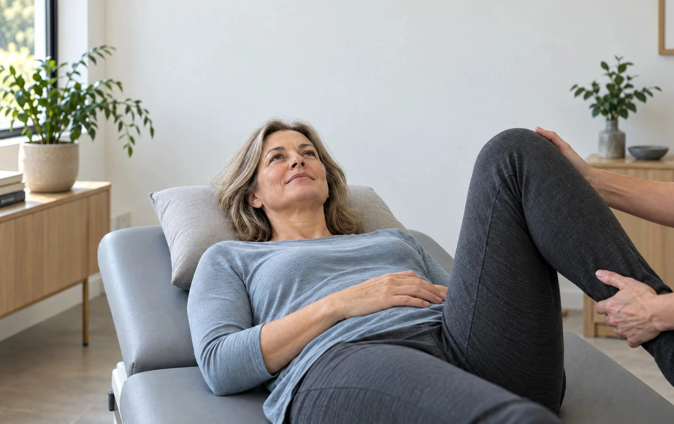 Adult in Camarillo, CA easing radiating sciatica leg pain during a non-surgical spine consultation