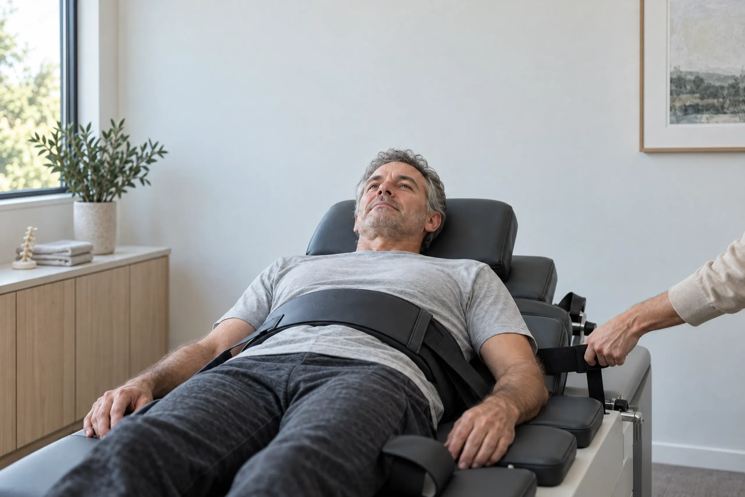 Patient receiving spinal decompression therapy on a motorized table at a Camarillo, CA spine clinic