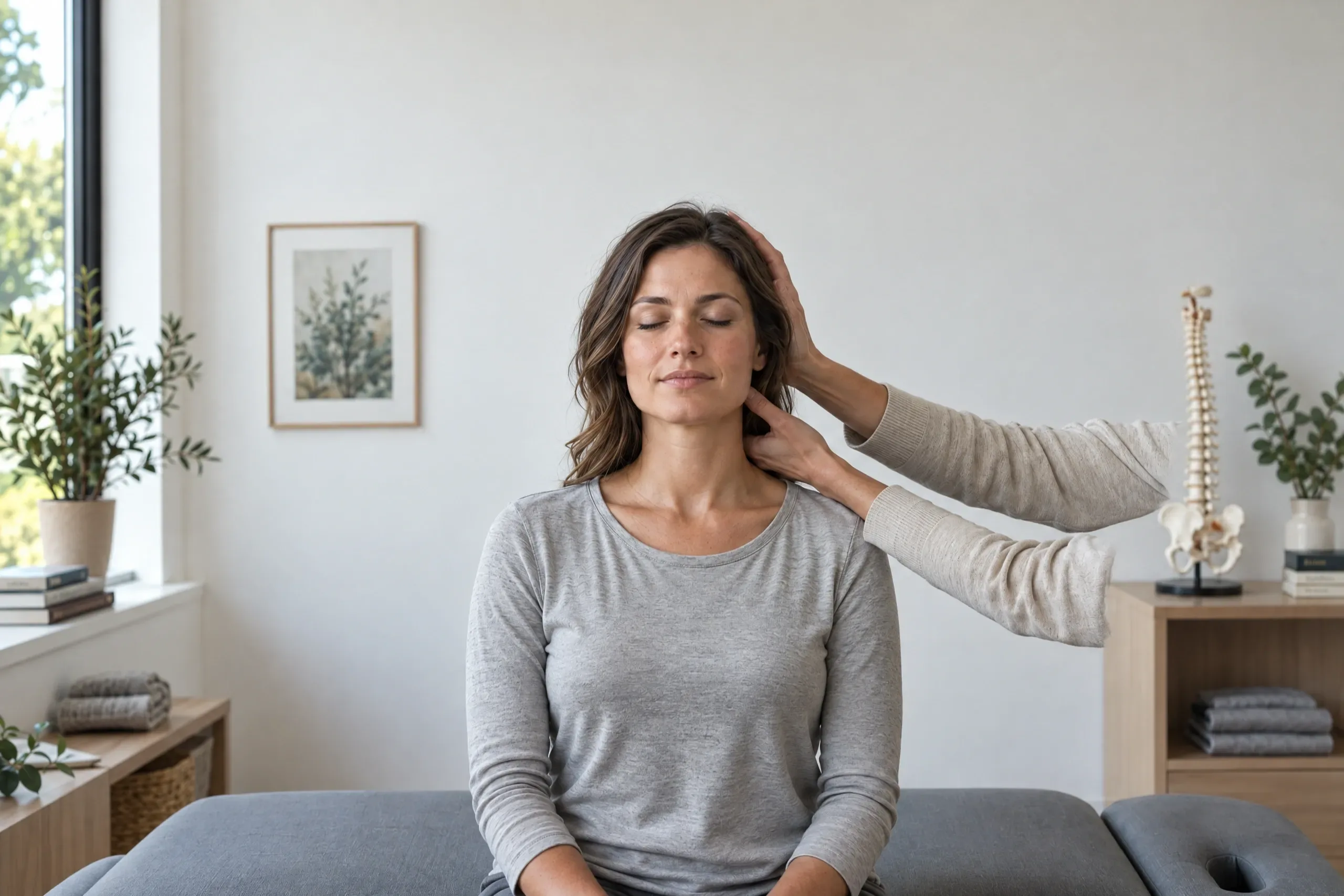Woman holding her stiff neck days after a rear-end collision at Camarillo Spine & Nerve Institute, CA
